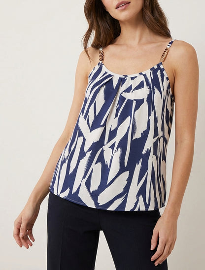 Caraco fluide col plissé à bretelles bijoux - Marine