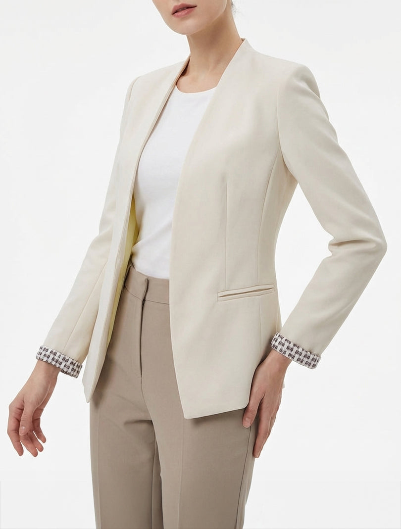 Veste droite col droit revers imprimé - Beige clair