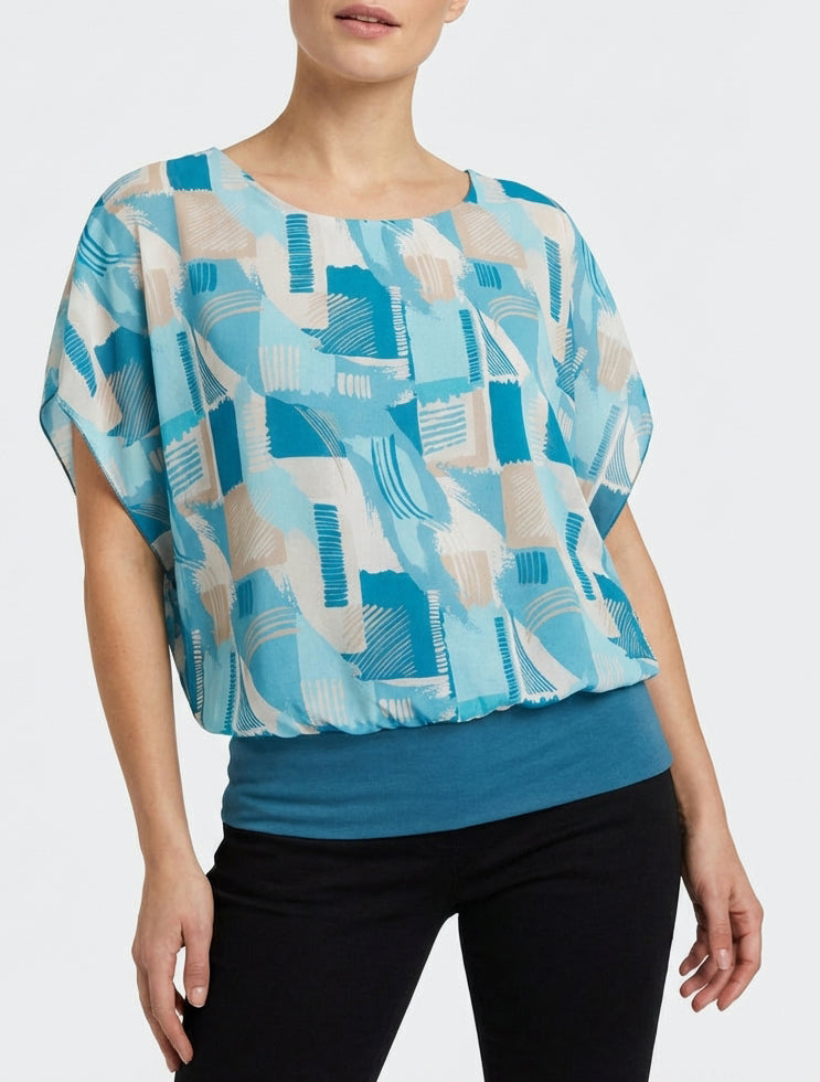 Top boule col rond imprimé graphique - Turquoise