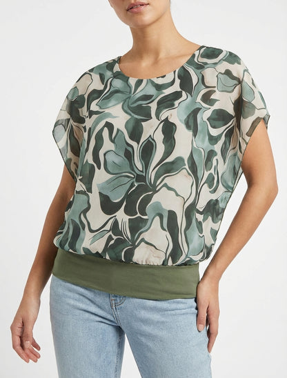 Top fluide col rond imprimé floral - Kaki