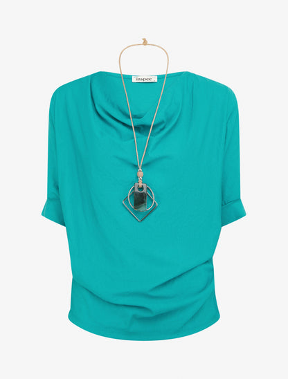 Top manches courtes effet lin à col bénitier - Turquoise - 1