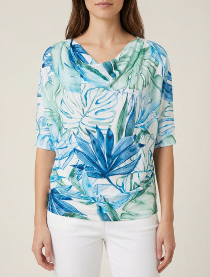 Top tropical col bénitier et plissé - Bleu