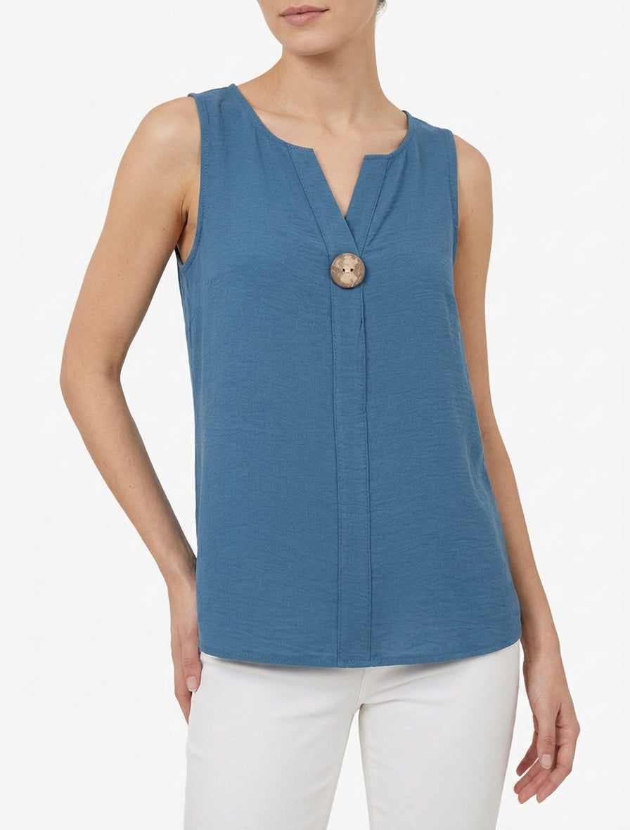 Top fluide col V à bouton - Bleu foncé