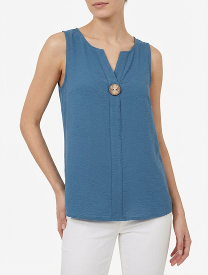 Top fluide col V à bouton - Bleu foncé