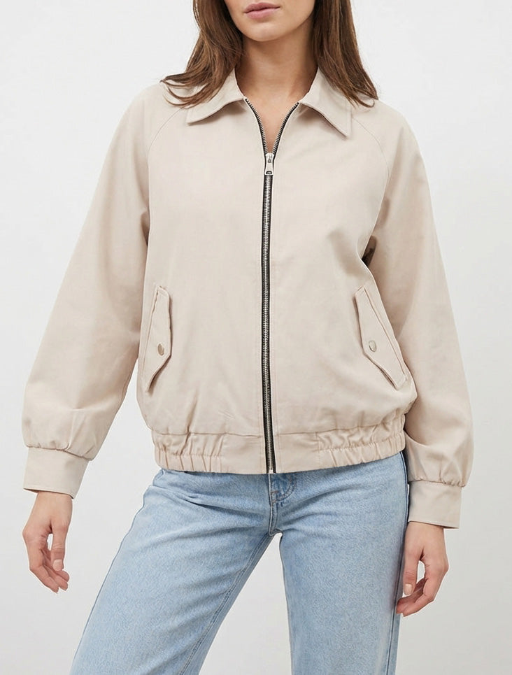 Veste zippée col chemise à poches rabat - Beige