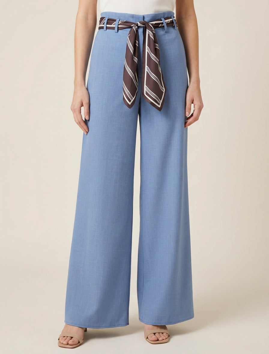Pantalon fluide à taille haute froncée - Bleu clair