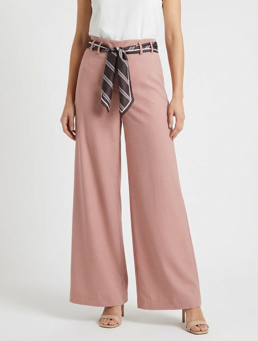Pantalon fluide taille haute froncée - Rose