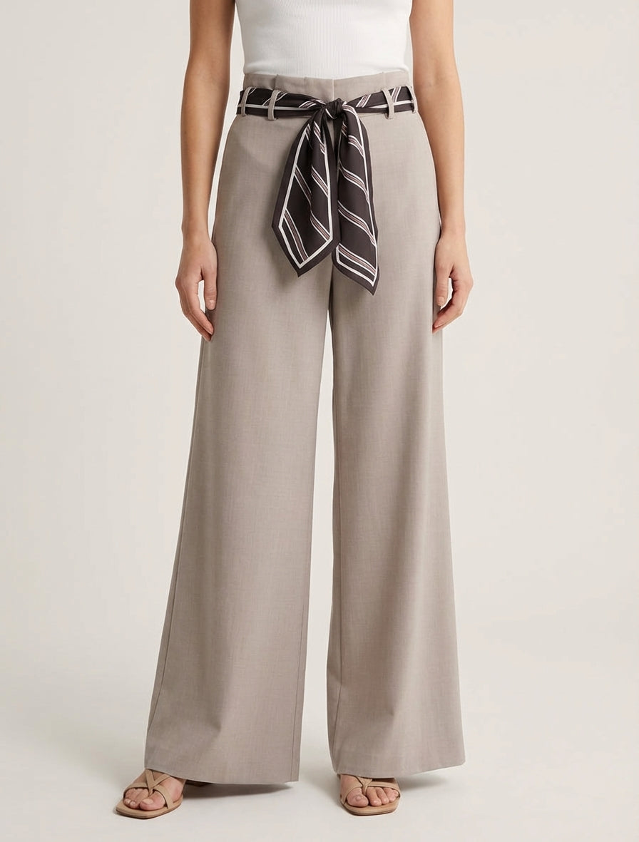 Pantalon fluide taille haute froncée - Taupe clair