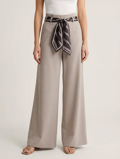 Pantalon fluide taille haute froncée - Taupe clair