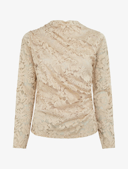 Top en dentelle drapé à manches longues - Beige - 1