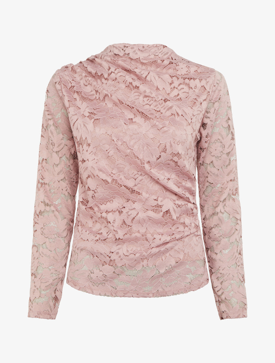 Top en dentelle drapé à manches longues - Vieux rose - 1