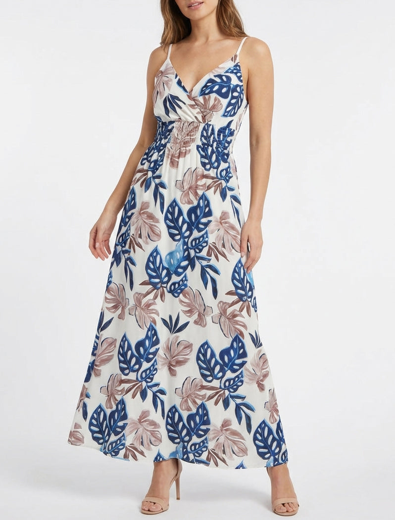 Robe longue cache-cœur imprimé tropical - Marine
