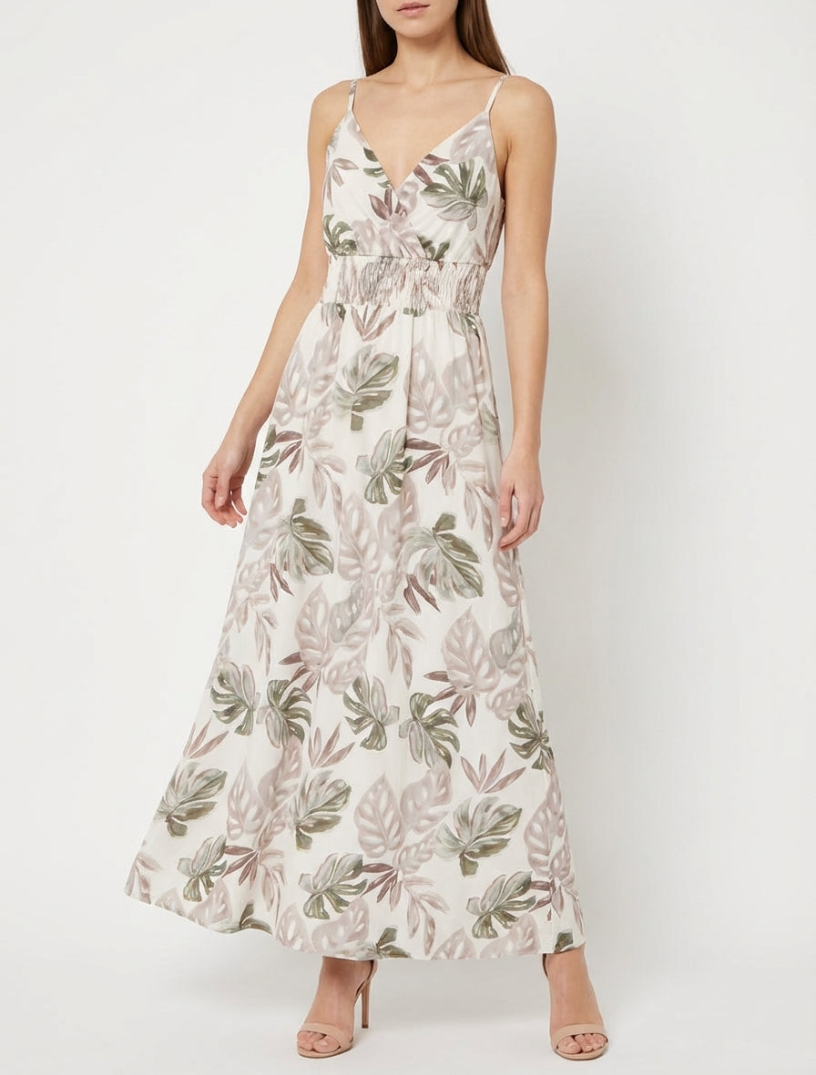 Robe longue cache-cœur imprimé tropical - Beige