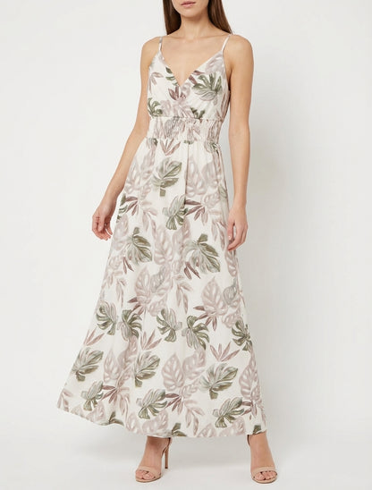 Robe longue cache-cœur imprimé tropical - Beige
