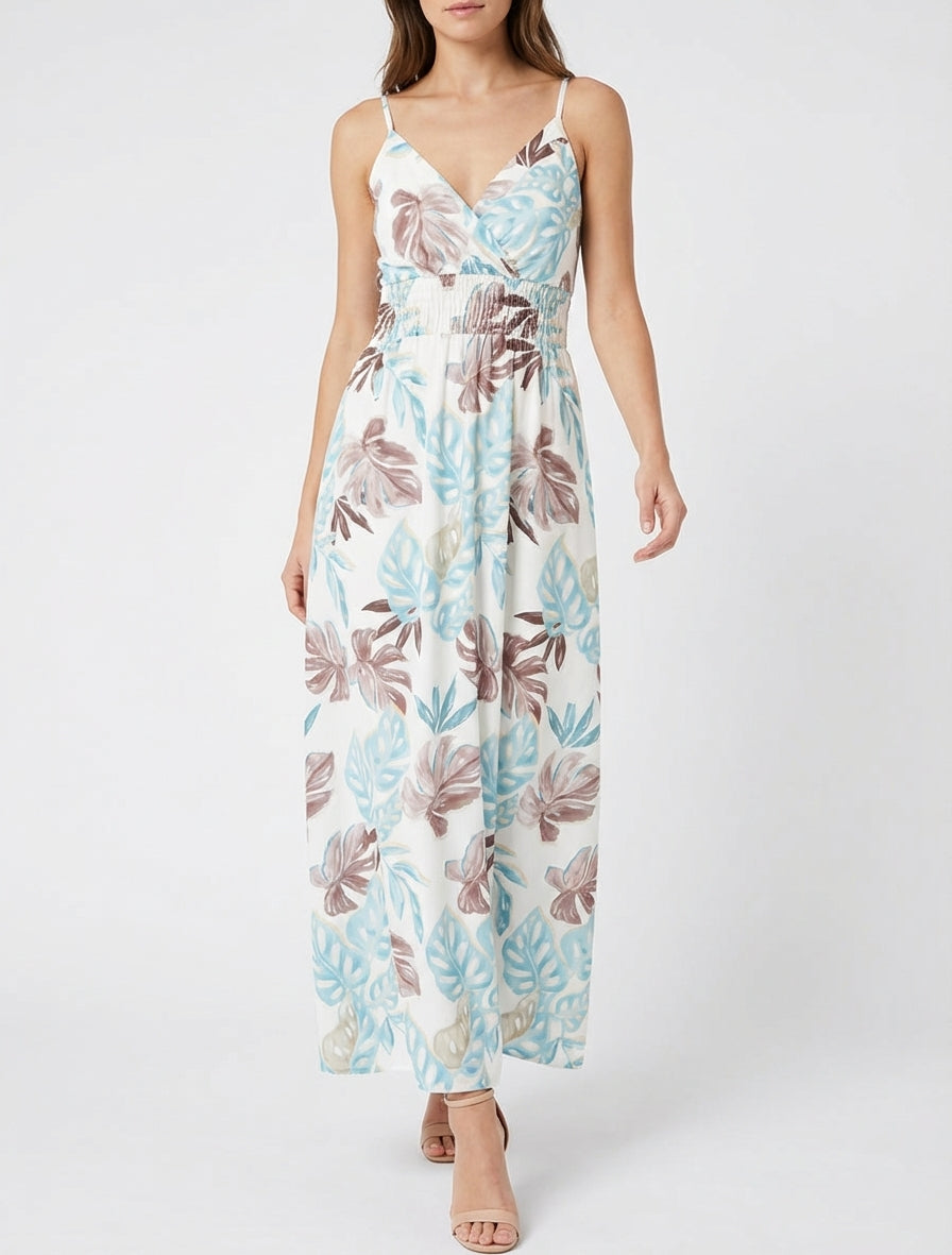 Robe longue cache-cœur imprimé tropical - Bleu clair