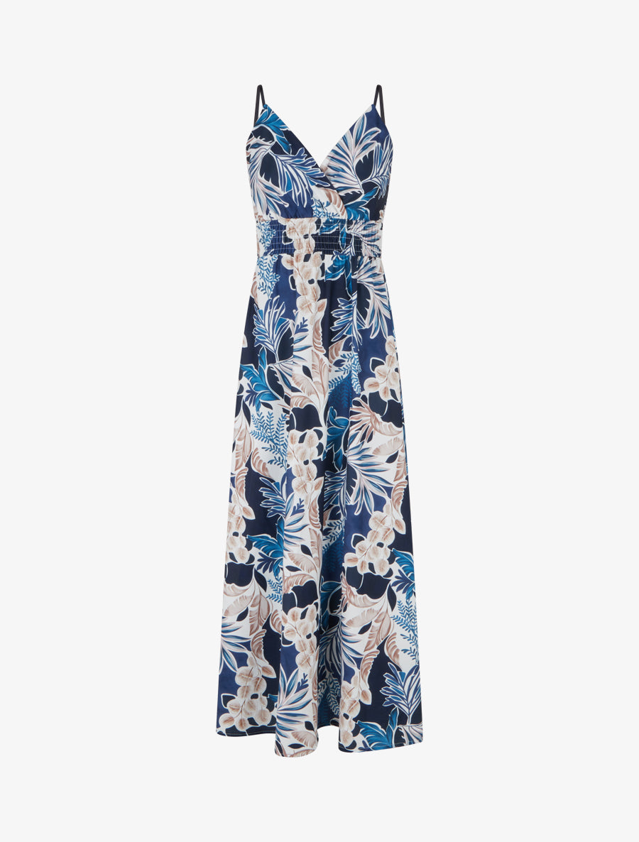 Robe longue à fines bretelles imprimé feuillage - Marine - 1