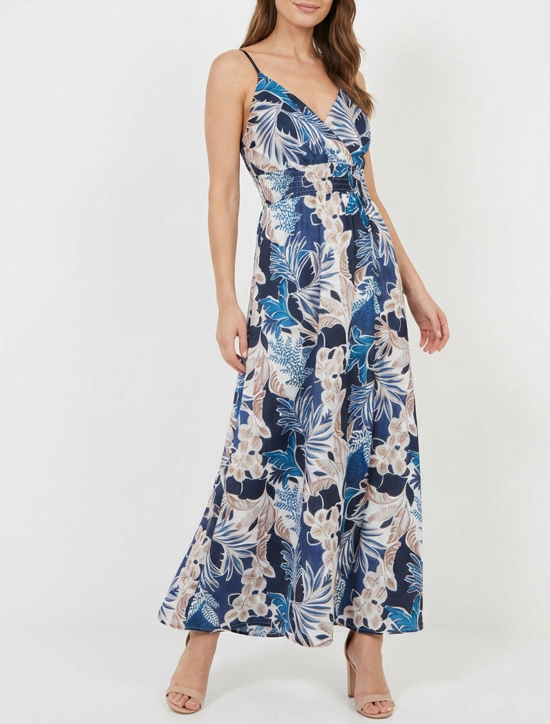 Robe longue cache-cœur imprimé feuillage - Marine