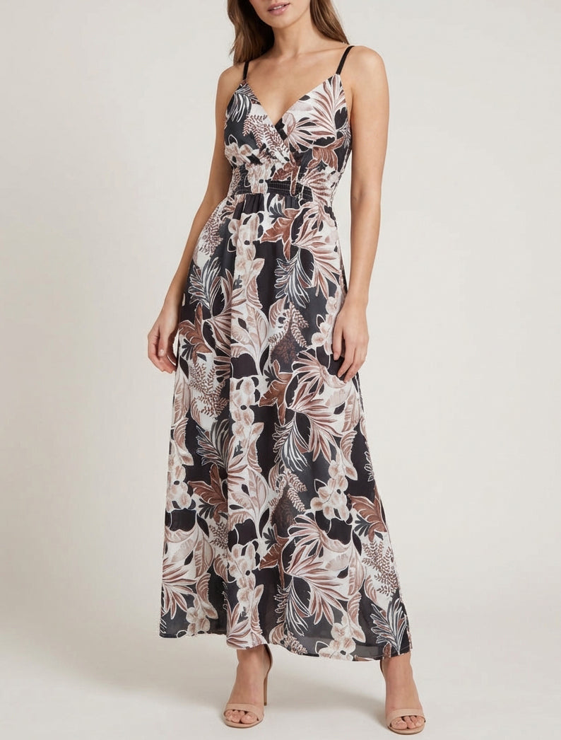 Robe longue cache-cœur imprimé feuillage - Noir