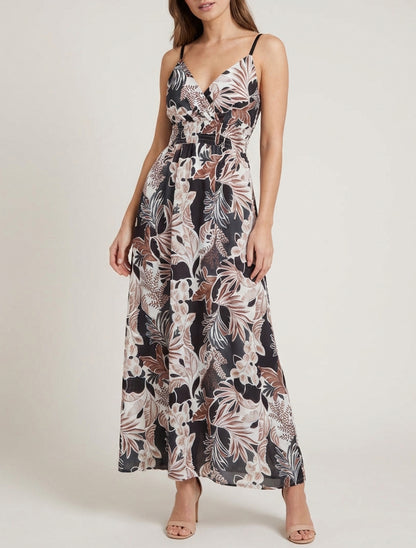 Robe longue cache-cœur imprimé feuillage - Noir