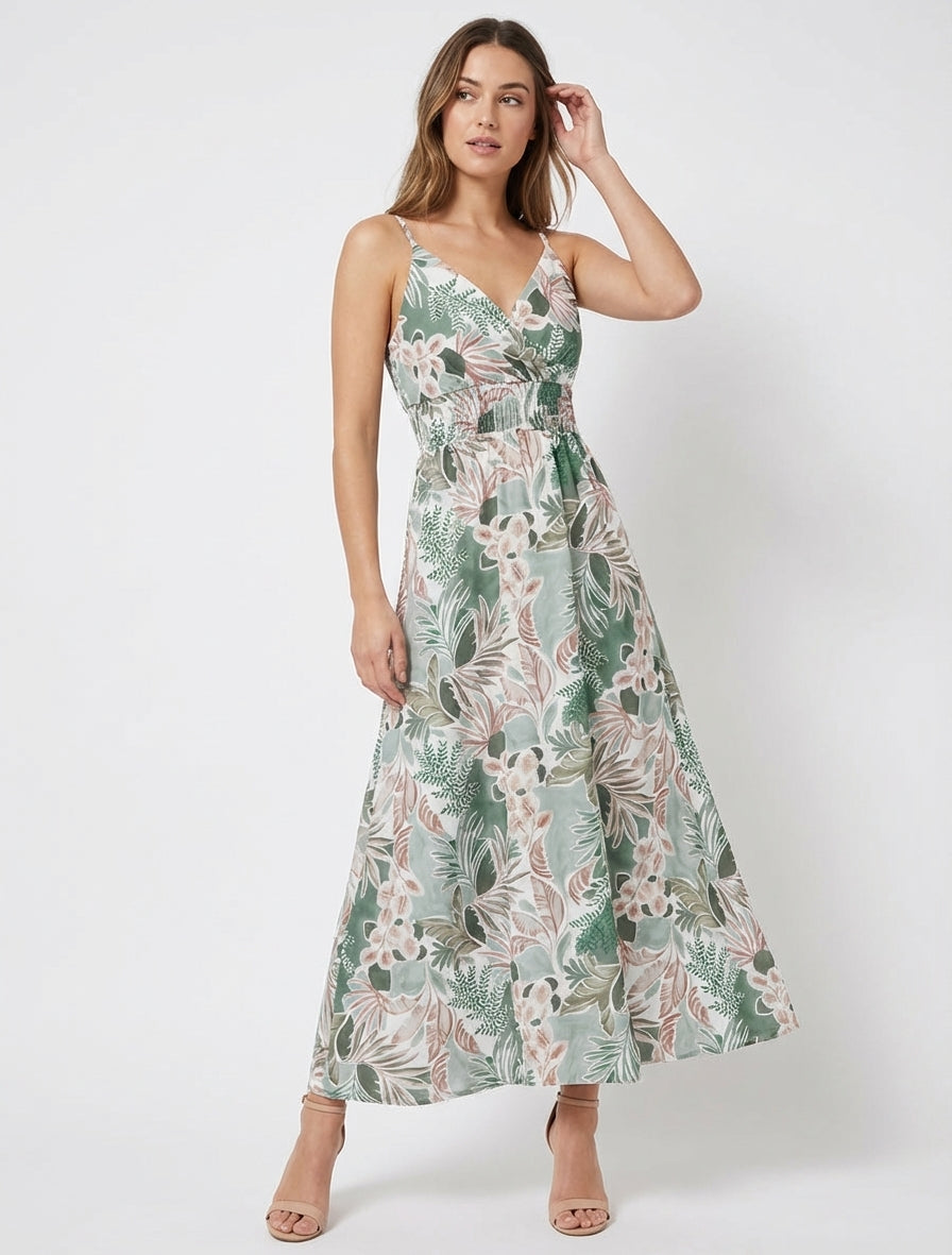 Robe longue cache-cœur imprimé feuillage - Kaki