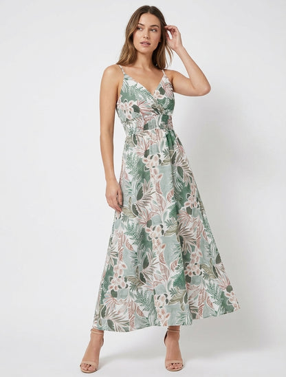 Robe longue cache-cœur imprimé feuillage - Kaki