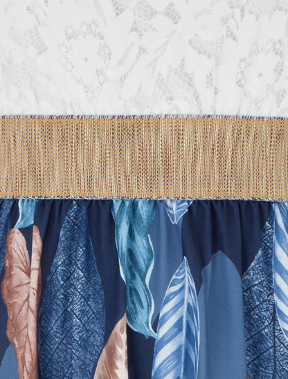 Robe longue à dentelle et imprimé feuilles - Marine - 3