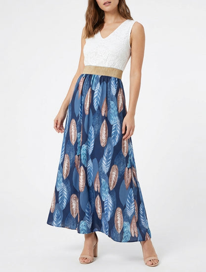 Robe longue col V à dentelle - Marine