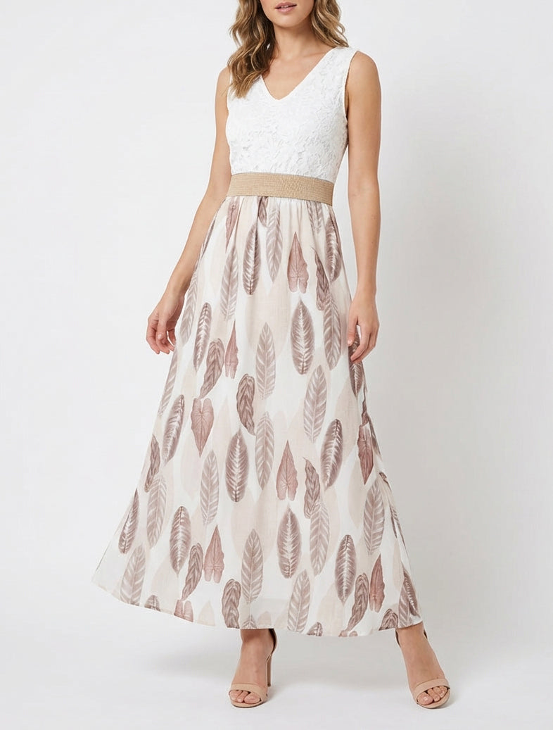 Robe longue col V buste dentelle - Beige