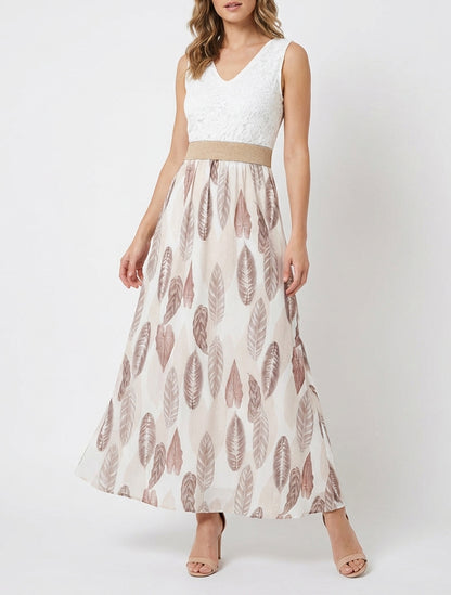 Robe longue col V buste dentelle - Beige