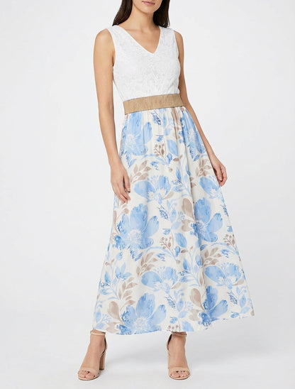 Robe longue col V dentelle florale - Bleu ciel