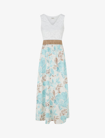 Robe longue à dentelle et imprimé floral - Vert d&