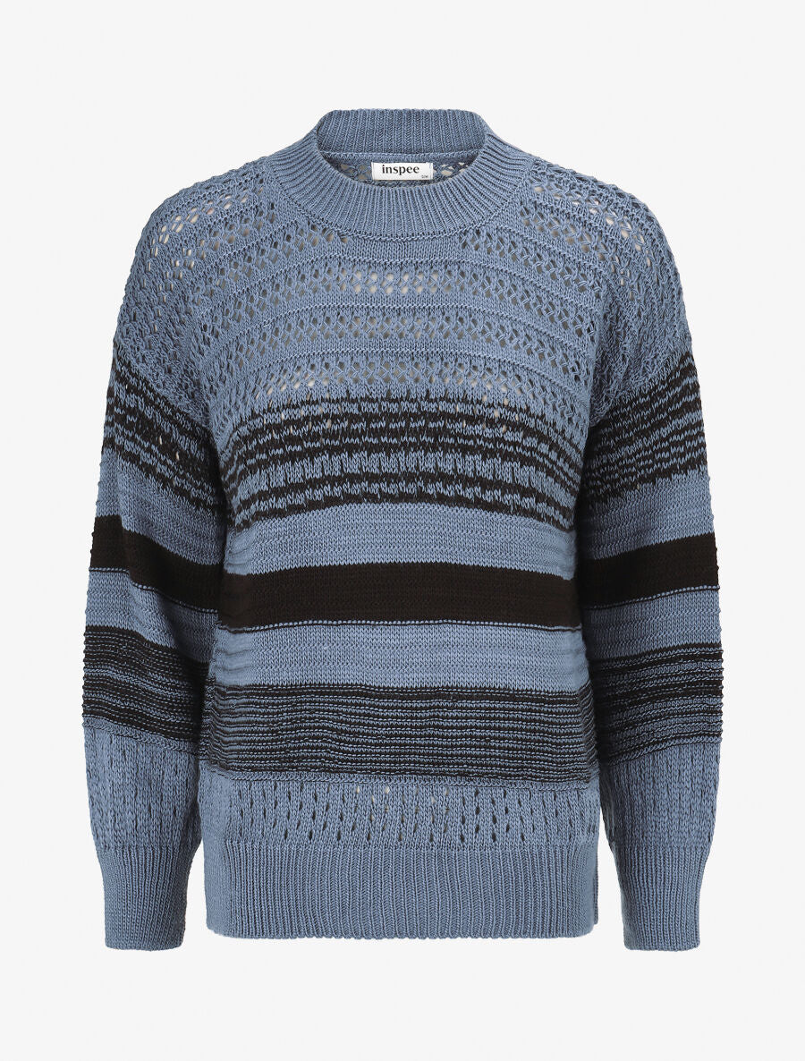 Pull en maille ajourée et rayures - Bleu charrette - 1