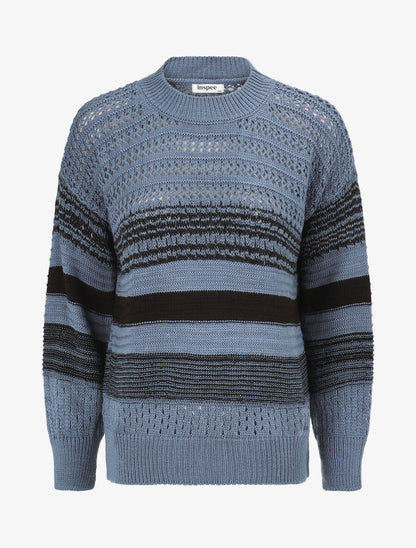 Pull en maille ajourée et rayures - Bleu charrette - 1