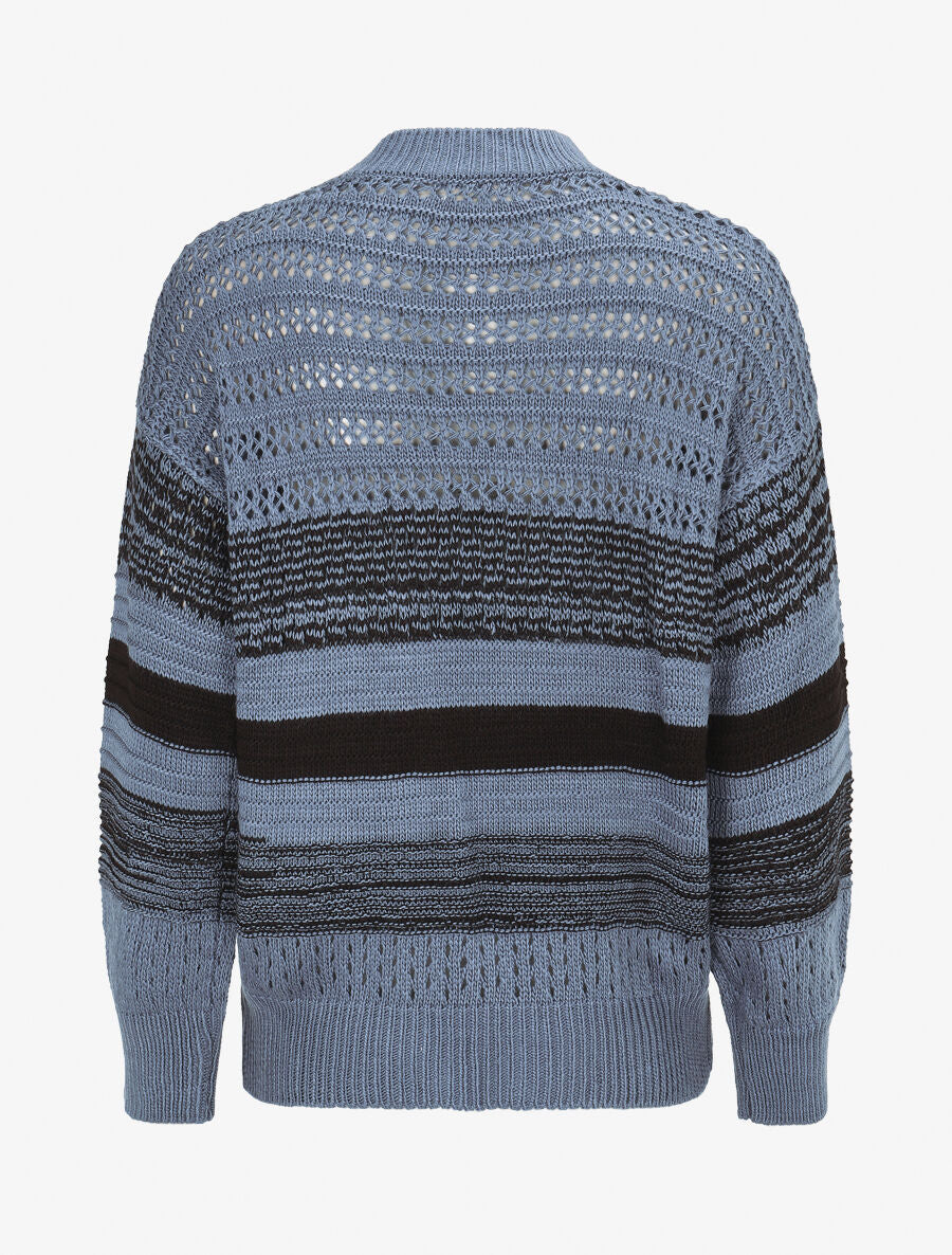 Pull en maille ajourée et rayures - Bleu charrette - 2