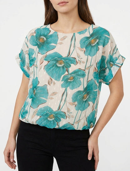 Top boule col rond liserés irisés - Turquoise