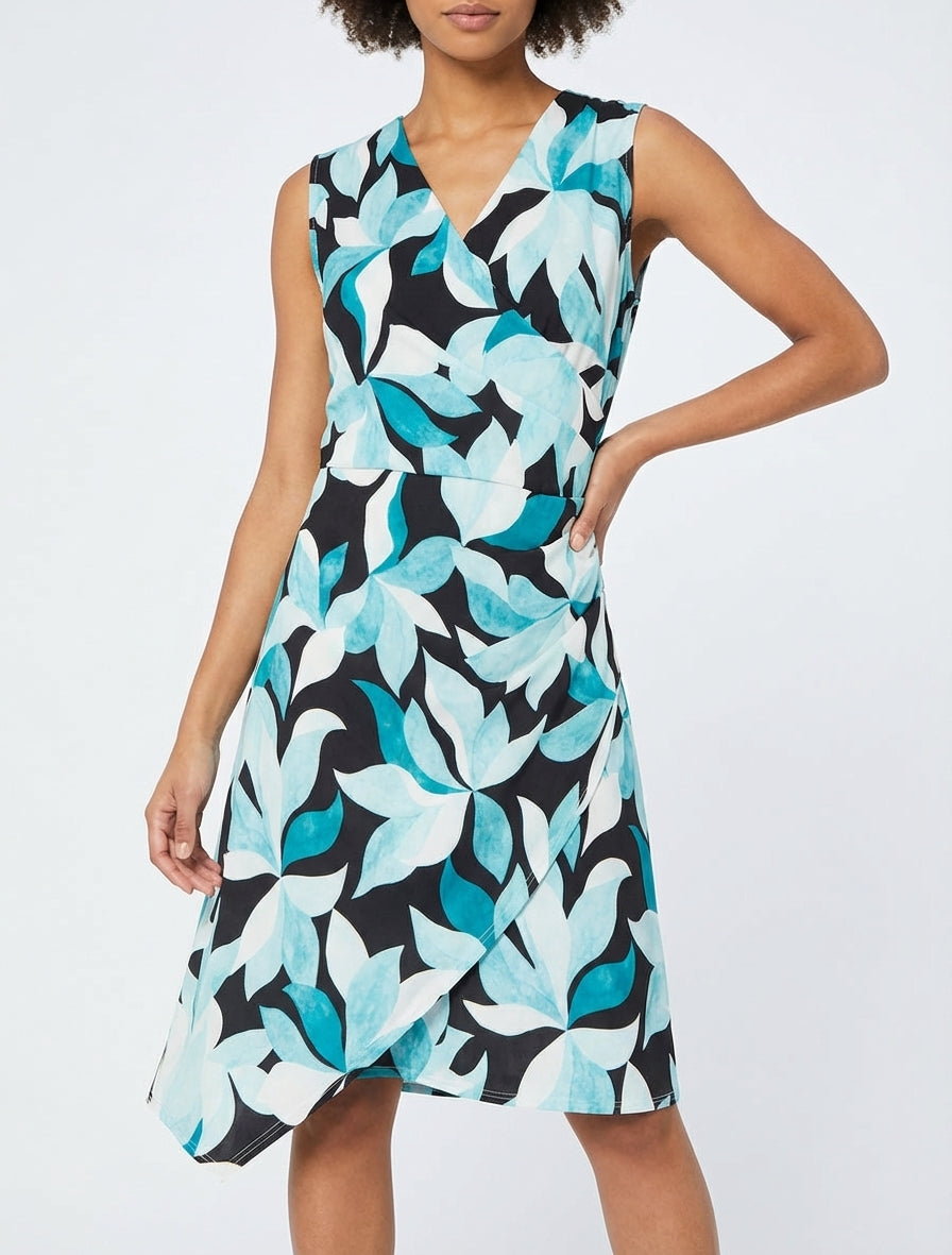 Robe portefeuille moulante imprimé feuillages - Turquoise