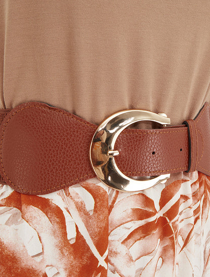 Robe longue à jupe imprimé feuillage - Camel - 3