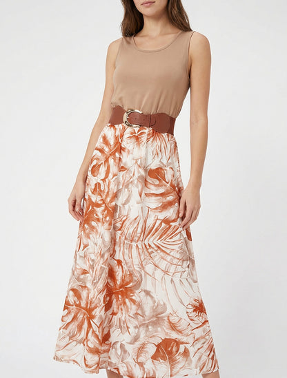 Robe longue à jupe imprimé feuillage - Camel