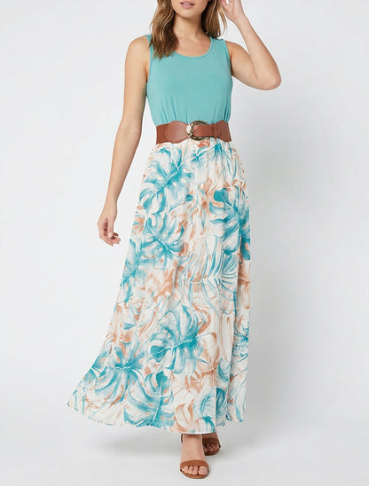 Robe longue à jupe imprimé feuillage - Turquoise