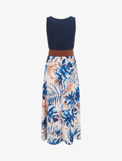 Robe longue à jupe imprimé feuillage - Marine - 2