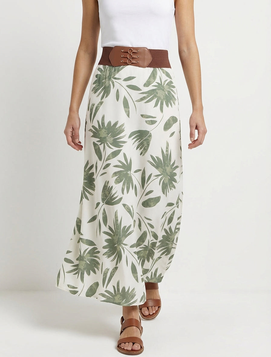 Jupe longue à taille haute fantaisie - Kaki