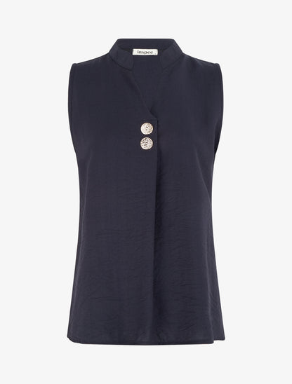 Top droit sans manches à boutons décoratifs - Marine - 1