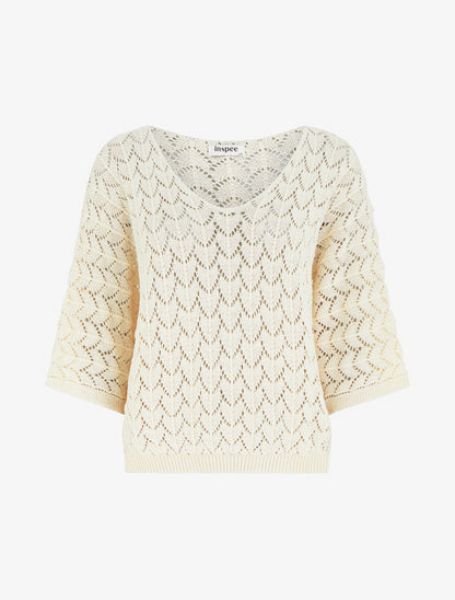 Pull ajouré col V - Beige clair