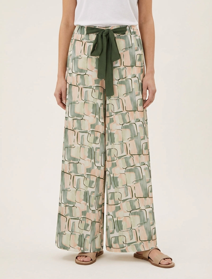 Pantalon ample taille haute à liens - Kaki