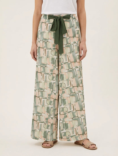 Pantalon ample taille haute à liens - Kaki