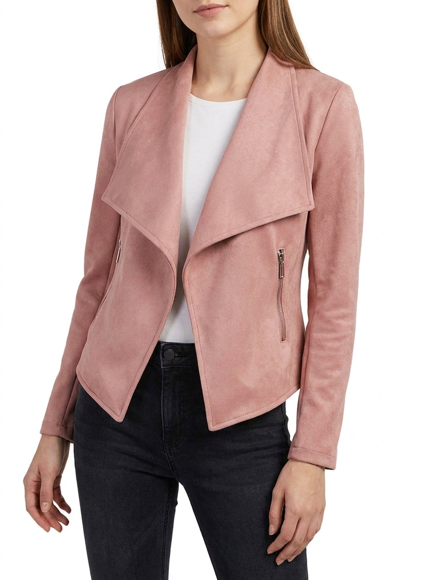Veste en suédine col châle - Vieux rose