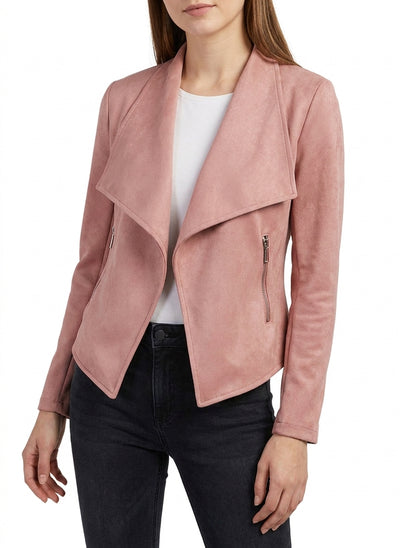 Veste en suédine col châle - Vieux rose
