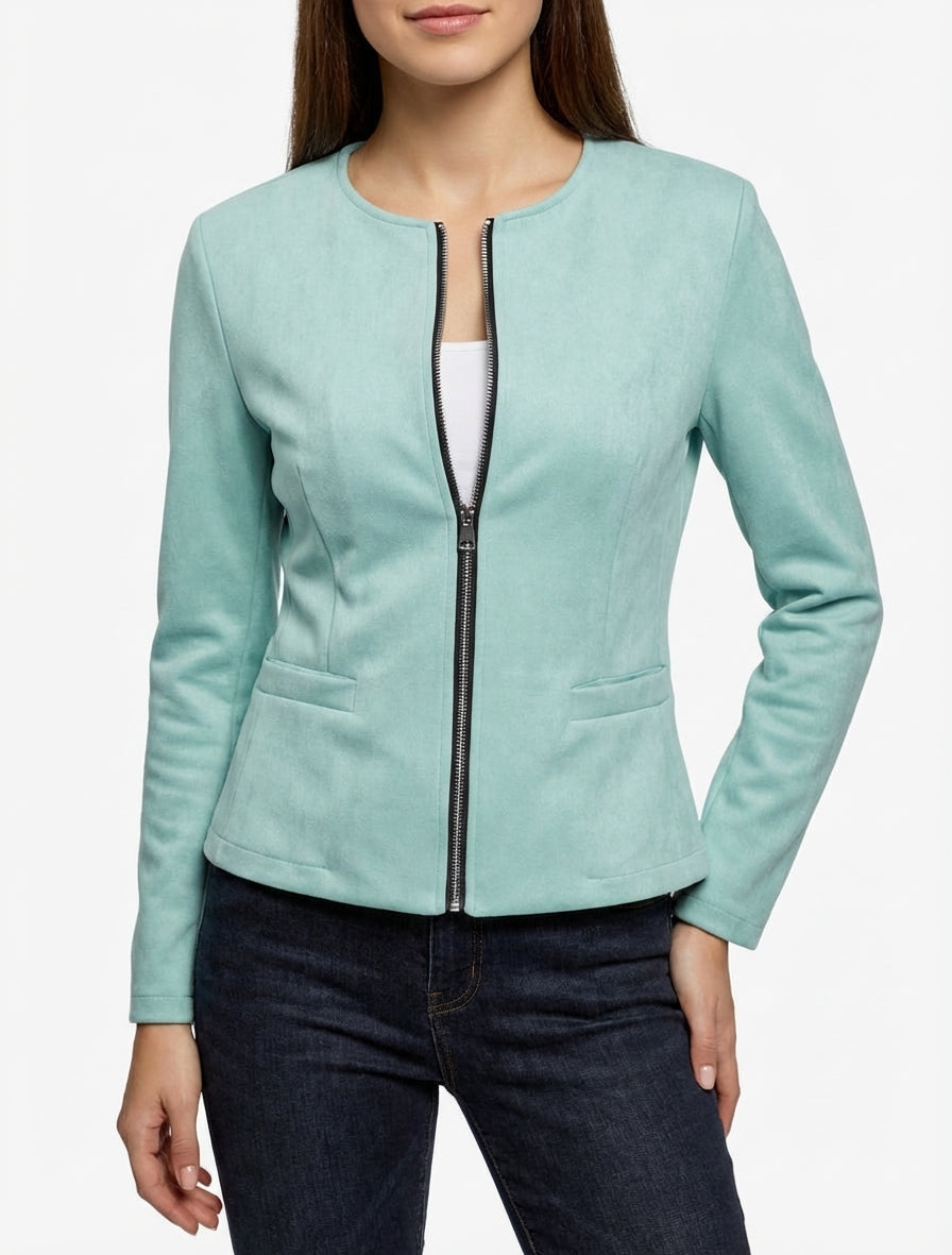 Veste en suédine col rond - Turquoise