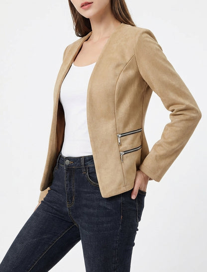 Veste droite en suédine à poches zippées - Beige foncé