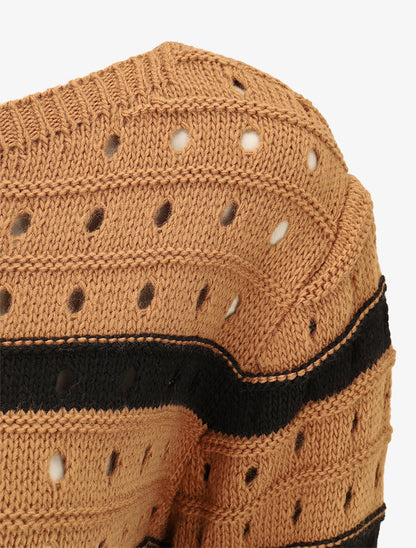 Pull en maille ajourée à rayures - Camel/noir - 3